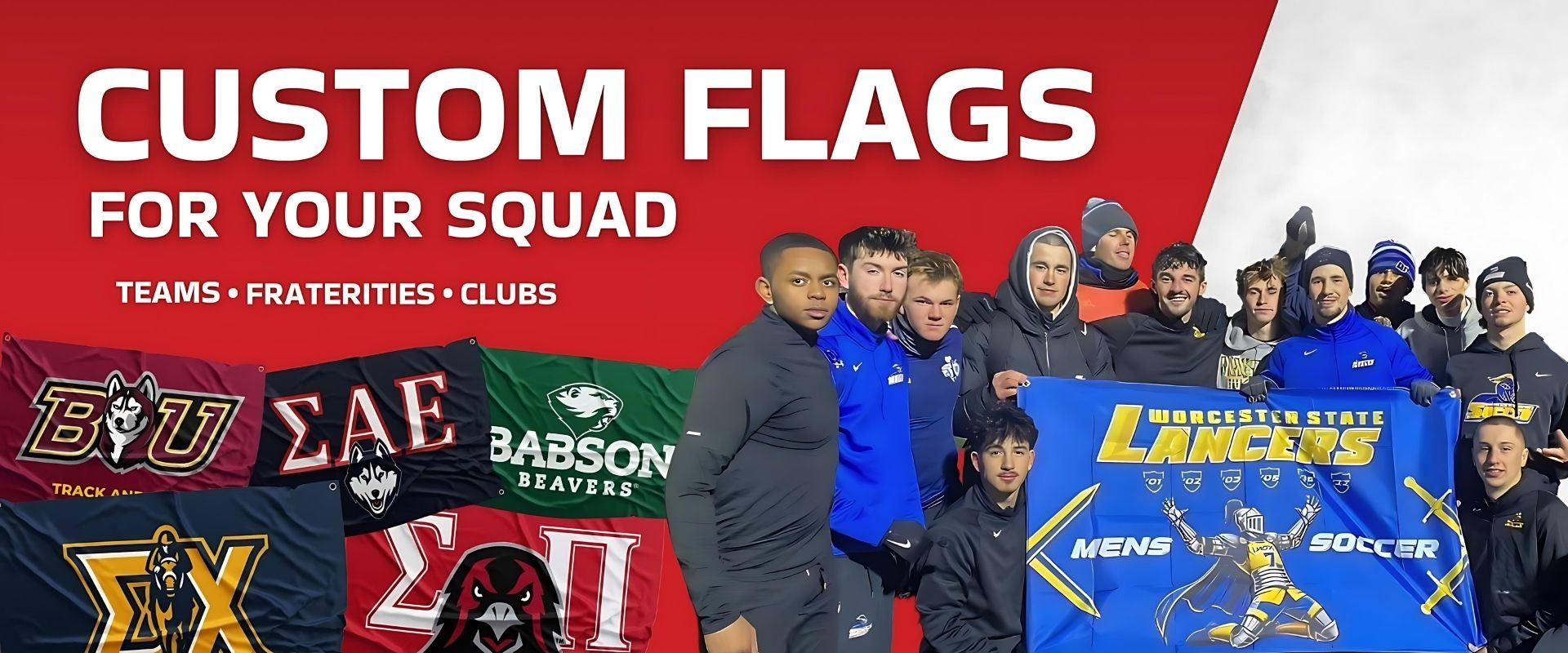 Custom flags displayed by diverse college sports teams and groups, with 'CUSTOM FLAGS FOR YOUR SQUAD' text for teams, fraternities, and clubs, showcasing Flagaholics' personalized flags for universities and organizations