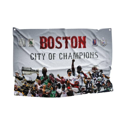 Sports flag with 'Boston City of Champions' text and images of famous athletes from the Bruins, Celtics, Red Sox, and Patriots