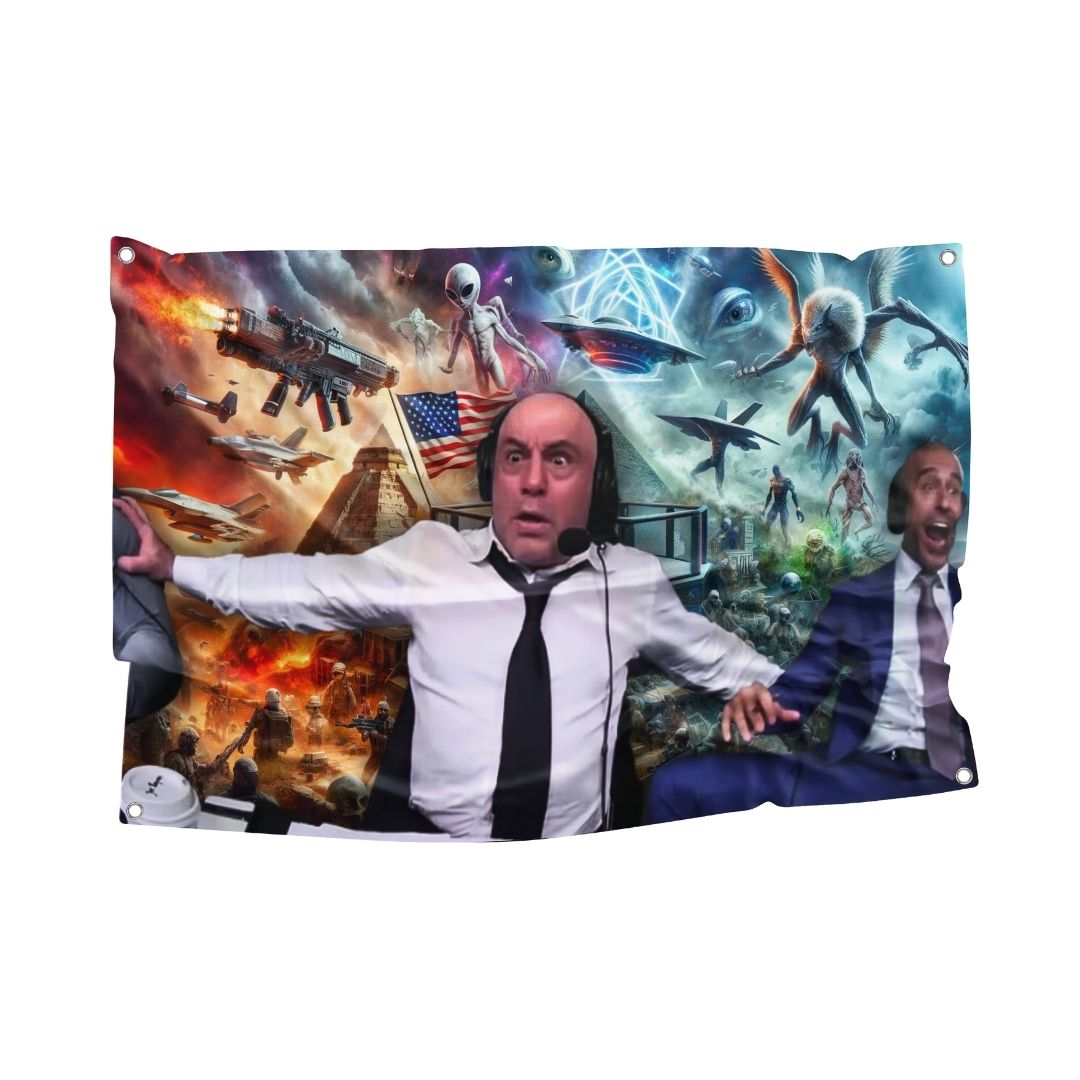 Surreal wall flag featuring chaotic imagery of UFOs, explosions, and Joe Rogan in disbelief