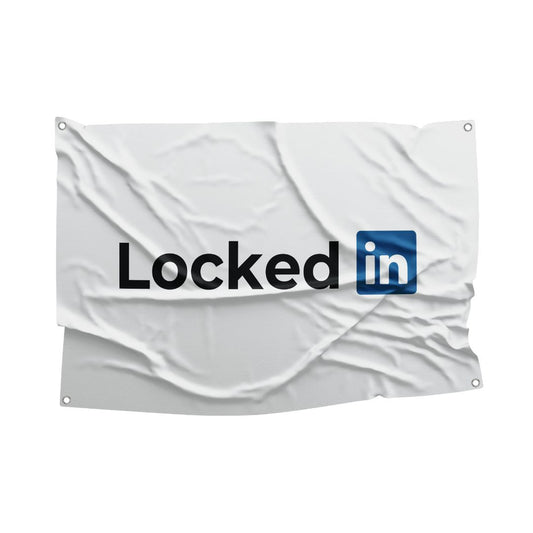 Creative 'Locked In' flag mimicking the LinkedIn logo, designed for humorous office or dorm room décor, featuring a simple, eye-catching white and blue design on a durable flag