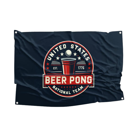 Illustrated Beer Pong National Team flag with red solo cup and ping pong ball design on dark blue background, with metallic grommets