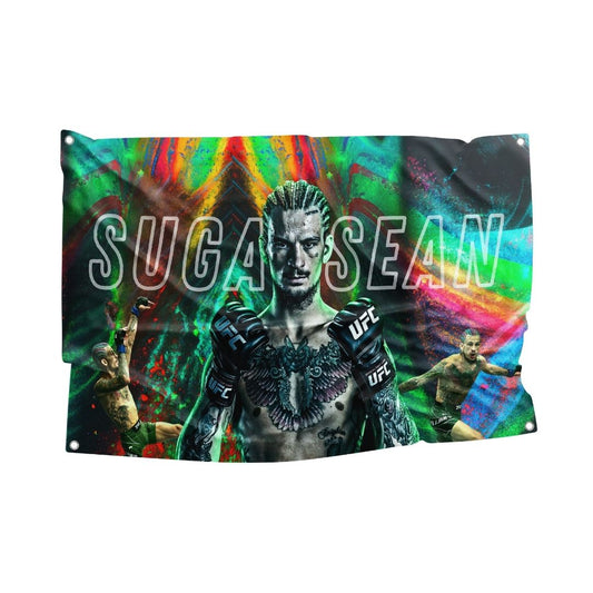 Vibrant flag with 'Sugar Sean' MMA fighter, an energetic addition to any sports fan's space.