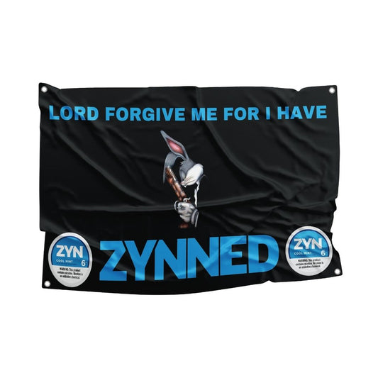 Novelty flag with cartoon rabbit kneeling, text 'LORD FORGIVE ME FOR I HAVE ZYNNED' and Zyn product branding, humor and novelty decor