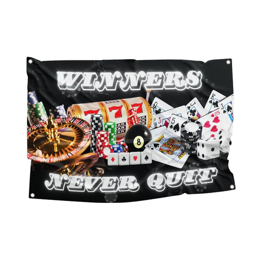 Casino-themed wall flag with roulette wheel, chips, playing cards, and slogan "Winners Never Quit"