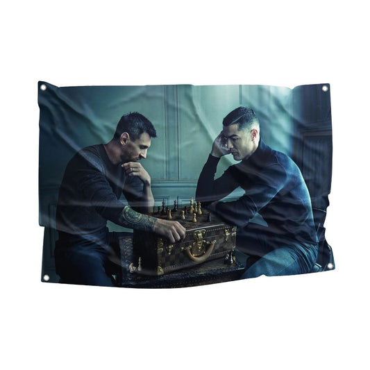 Atmospheric flag showing Messi and Ronaldo deeply engaged in a game of chess, enhancing intellectual decor themes.