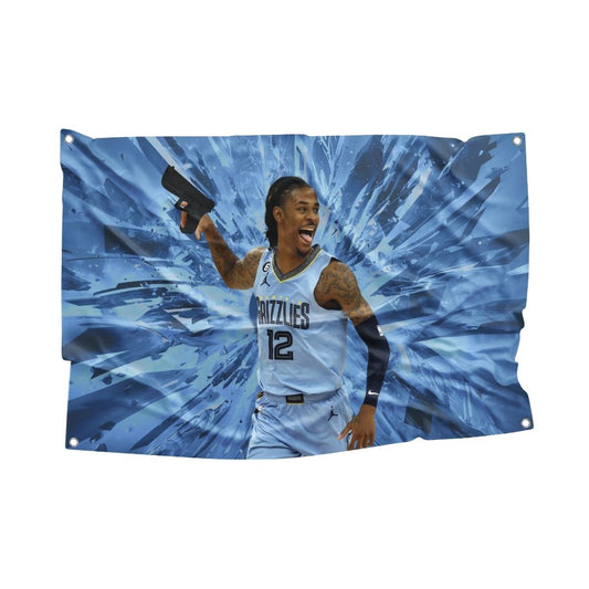 Dynamic sports wall flag featuring a basketball player with a shattered glass effect in blue hues