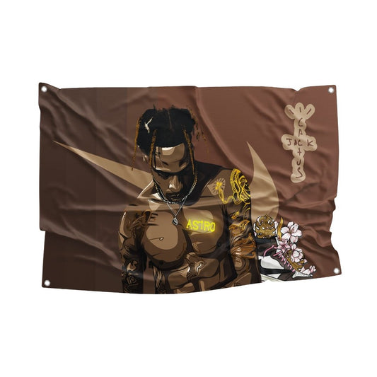 Illustrated wall flag with a stylized rapper graphic of Travis Scott labeled 'ASTRO' on a brown backdrop.