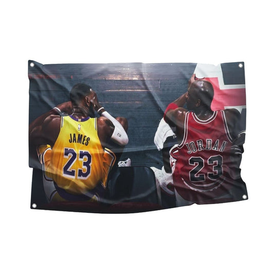 Illustrated flag with basketball legends Lebron James and Michael Jordan in jerseys, creating a timeless sports ambiance.