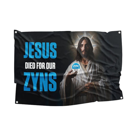 Solemn representation of Jesus offering nicotine pouches with text 'Jesus Died For Our ZYNs'