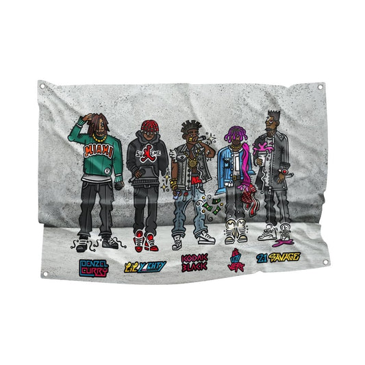 Illustrated music-themed dorm flag featuring caricatures of Denzel Curry, Lil Uzi, Lil Yachty, Kodak Black, and 21 Savage on a textured gray background.