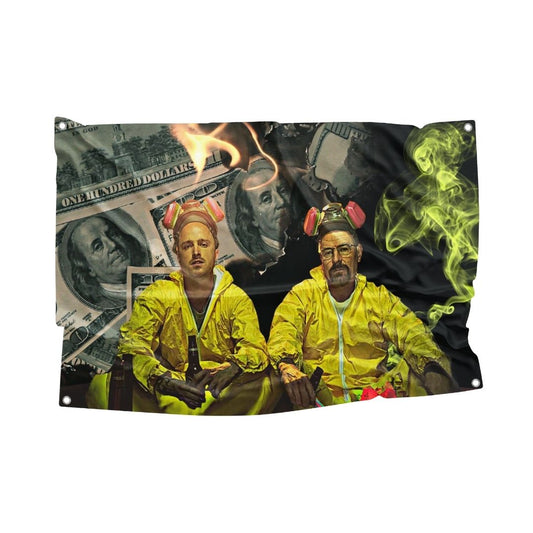 Themed flag featuring characters from a popular television series in yellow suits with hundred dollar bills and green smoke background
