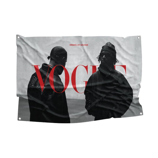 Monochrome flag featuring Drake and 21 Savage with a red VOGUE logo overlay for a wall decor piece.