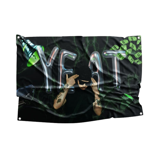 Rapper-themed wall flag with neon YEAT lettering and dynamic green money graphics