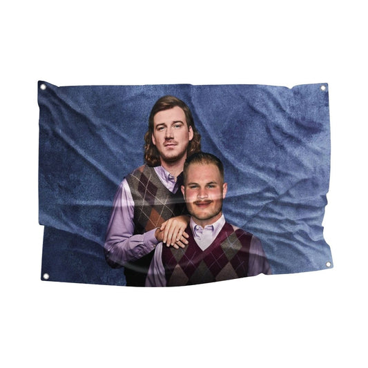 Flag with caricatures of Zach Bryan and Morgan Wallen in a Step Brothers movie theme.