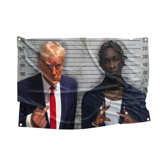 Former President Trump and rapper Young Thug caricature mugshot flag on a grey striped background with accurate height chart.