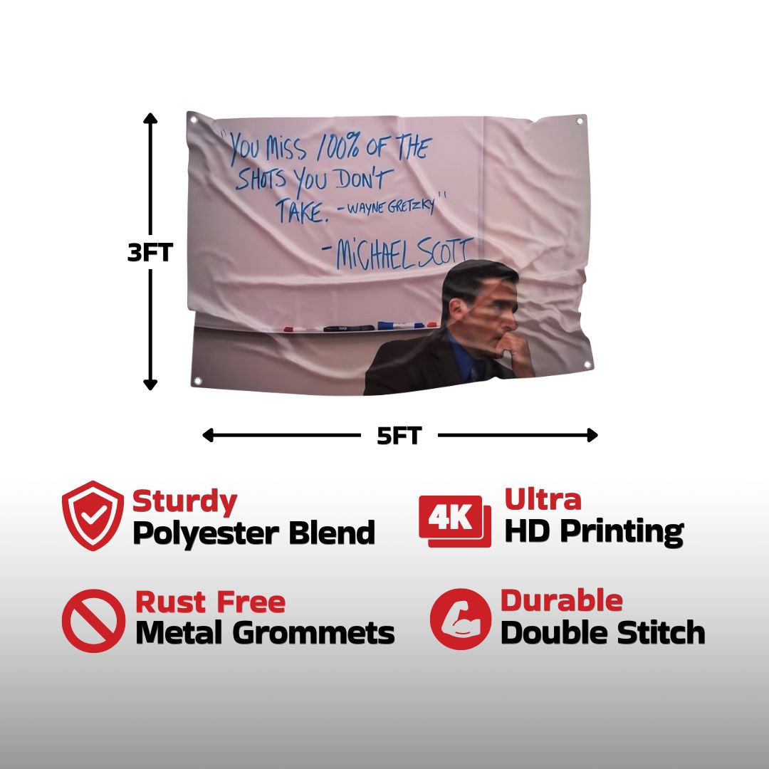 Michael Scott flag with high-quality polyester blend, stunning 4K ultra HD printing, rust-free metal grommets, and durable double-stitching, ensuring a long-lasting and vibrant decoration.