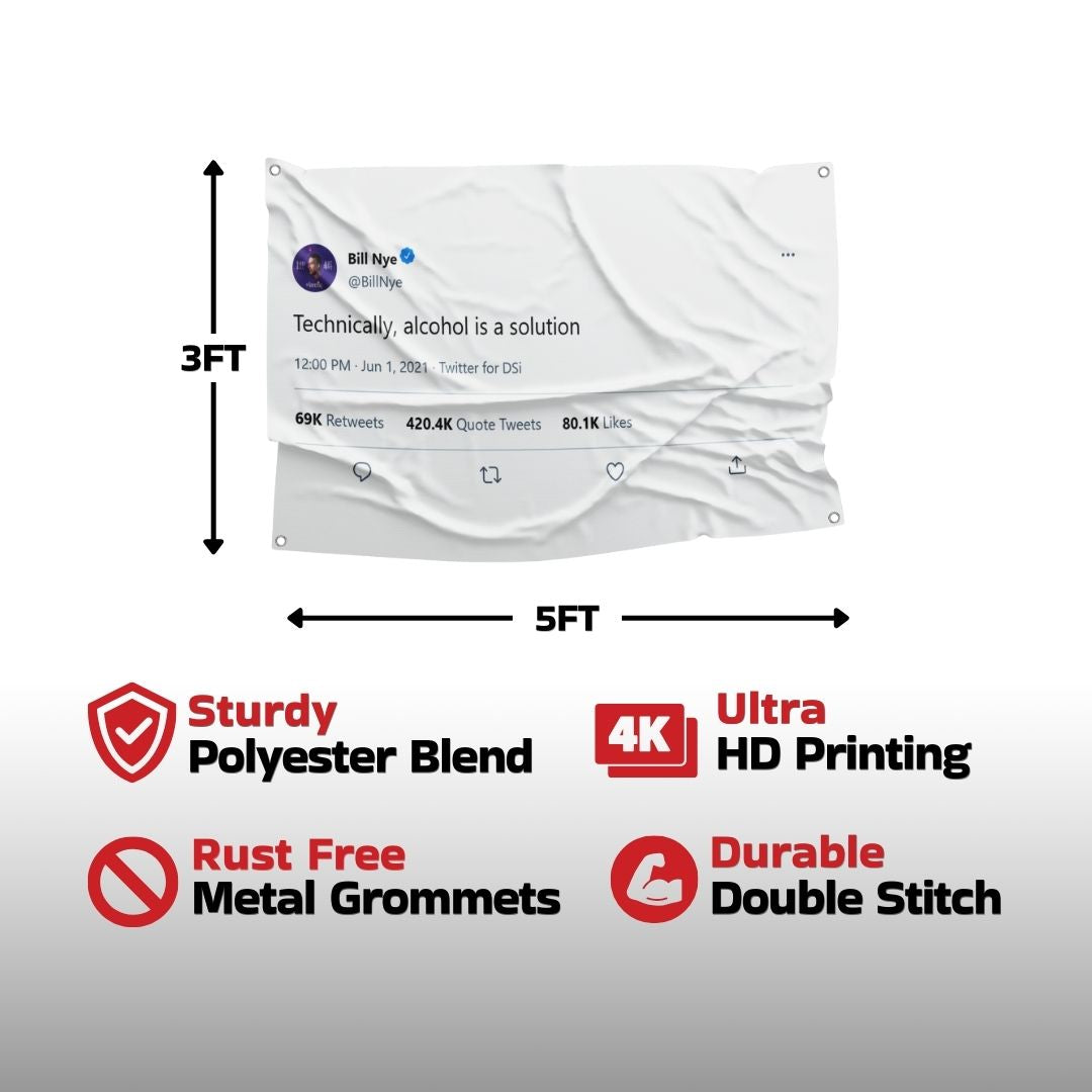 Product details of a humor-themed dorm flag with a Bill Nye tweet, emphasizing its quality fabric and print features