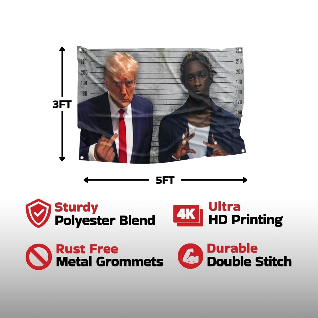 A detailed description of a humorous caricature flag with Trump and Young Thug mugshots, featuring high-quality polyester and rust-free grommets.