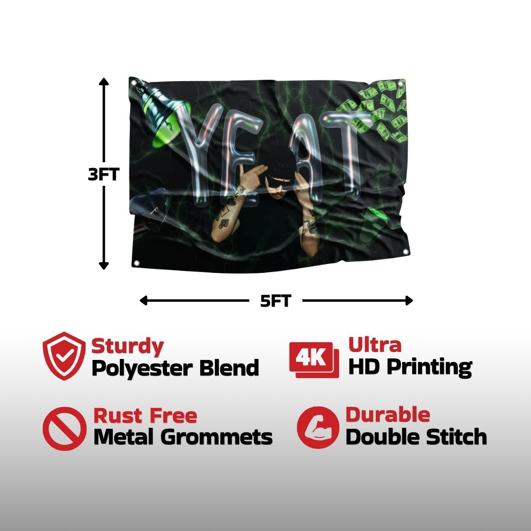 Close-up of a high-quality YEAT rapper flag highlighting features like polyester blend and 4K HD printing