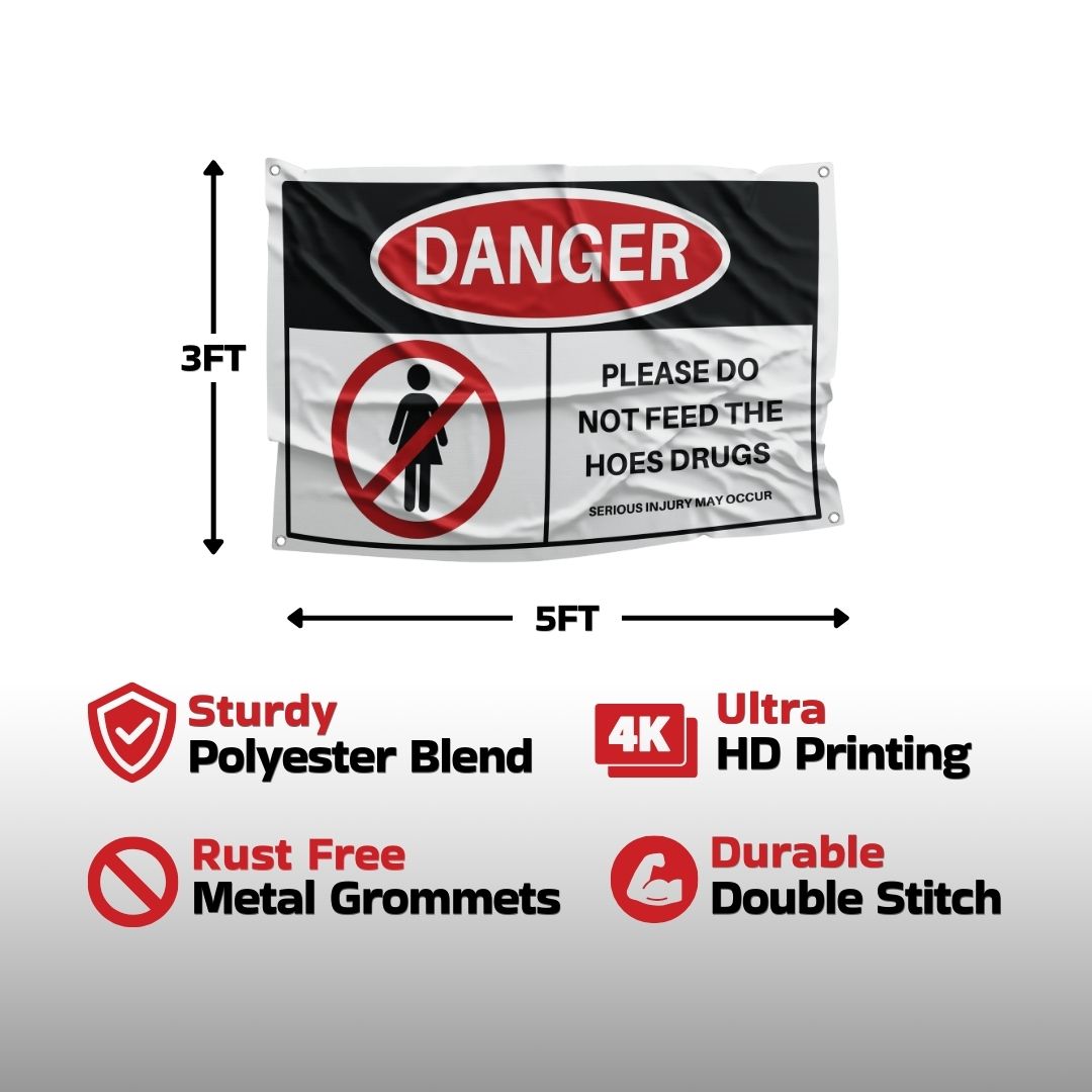 Informational image highlighting the features of a satirical dorm flag with a bold warning message and high-quality material