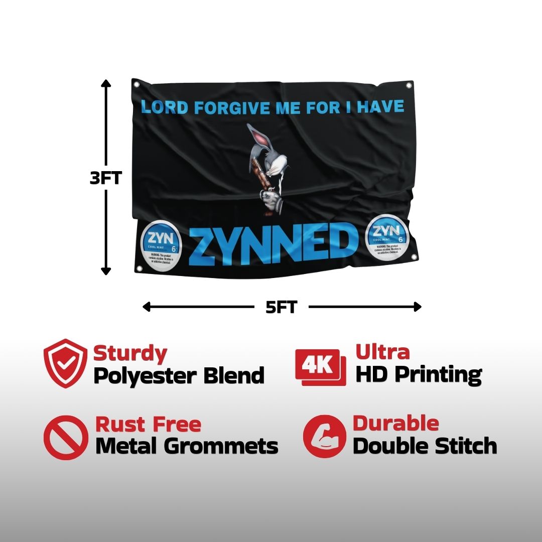 Info-graphic showing a 'Zynned' flag's features including sturdy polyester blend, 4K ultra HD printing, and rust-free metal grommets