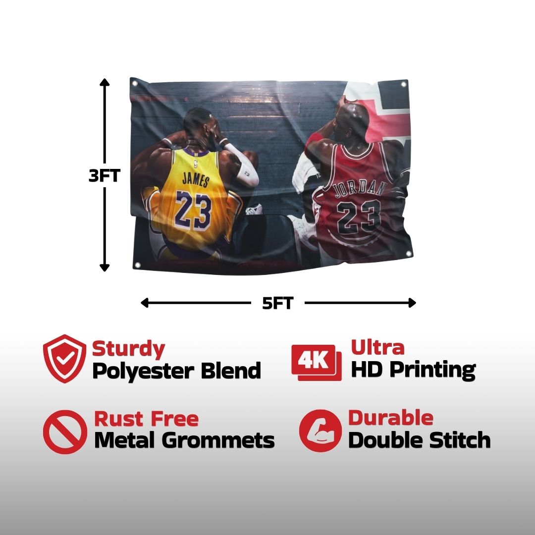 High-quality sports flag with detailed caricatures of basketball greats, displaying craftsmanship.