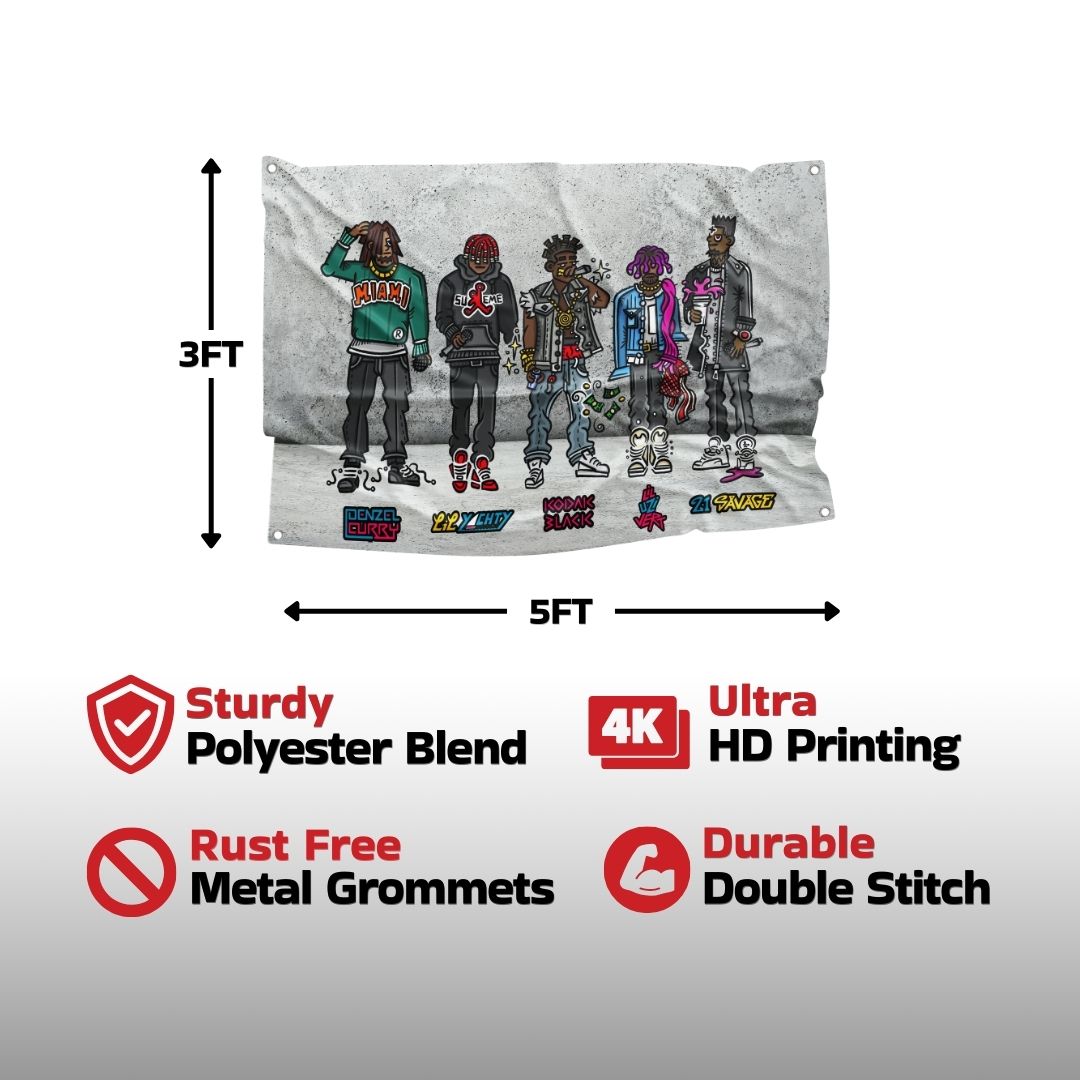 Detailed product features of a music artist-themed flag highlighting sturdy polyester blend material, ultra HD printing, and durable double stitch.