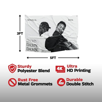 Close-up of a black and white Kendrick Lamar and Baby Keem flag with product quality details.