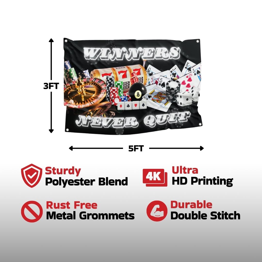 Detailed banner featuring casino gambling elements with robust construction highlights and ultra HD printing