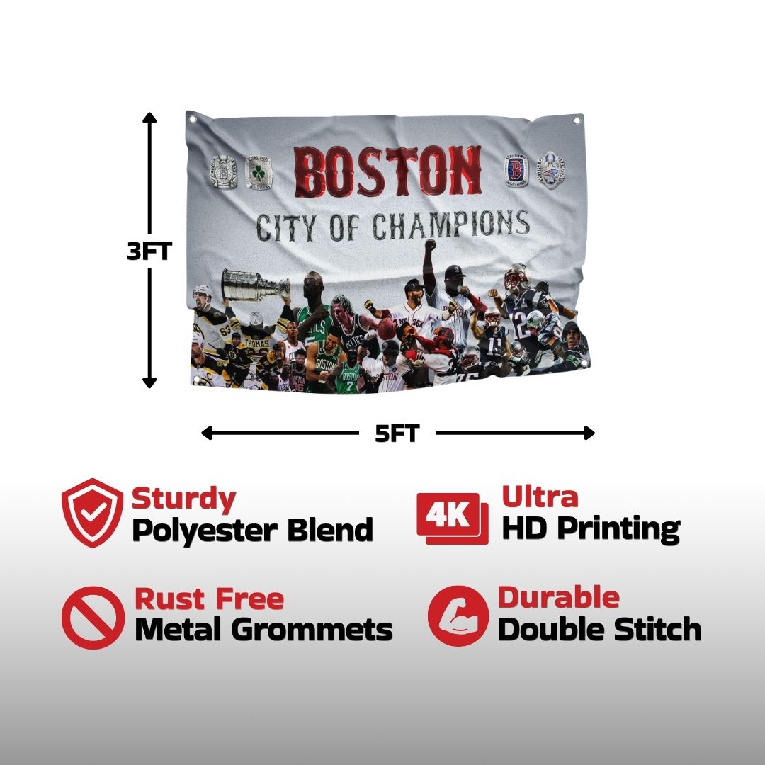 Infographic of a Boston sports flag detailing its sturdy polyester blend, ultra HD printing, and durable features