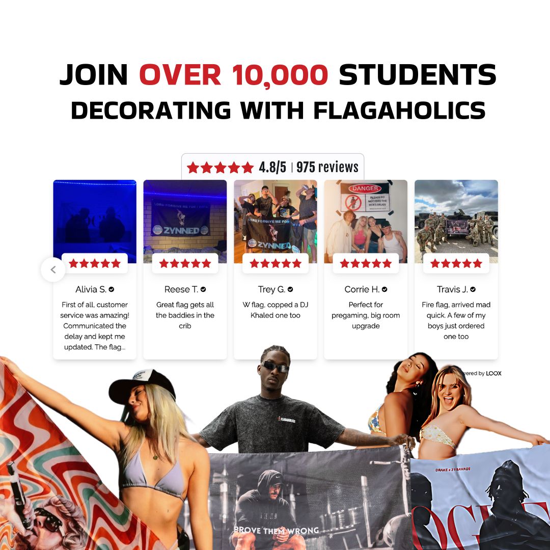 Collage of student reviews and photos showcasing Flagaholics flags. Highlights include 5-star ratings, vibrant designs, and satisfied customers, emphasizing trendy flags perfect for dorm decor and parties.