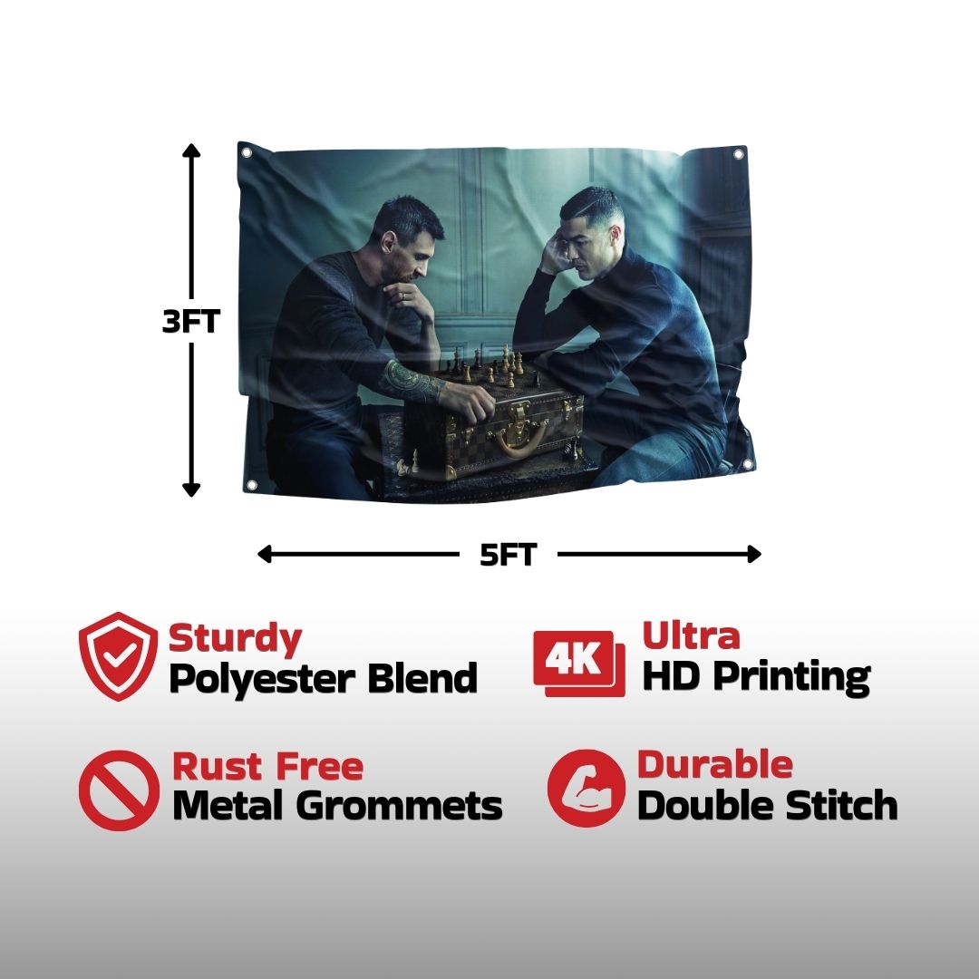 Premium quality flag showcasing Lionel messi and Christiano Ronaldo in a chess game in progress, with fine detailing and rich colors.