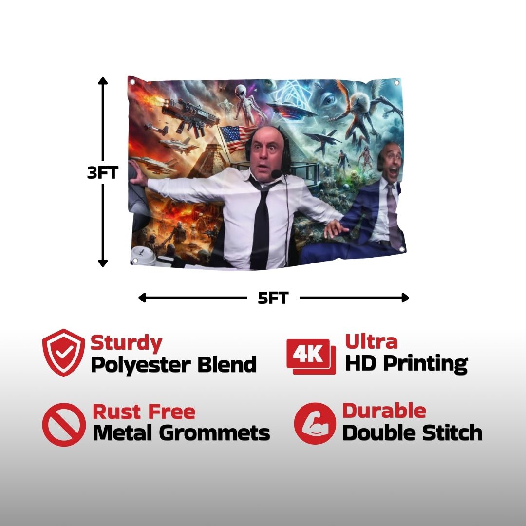 Durable polyester blend flag featuring sci-fi satire, great for bold room statements.