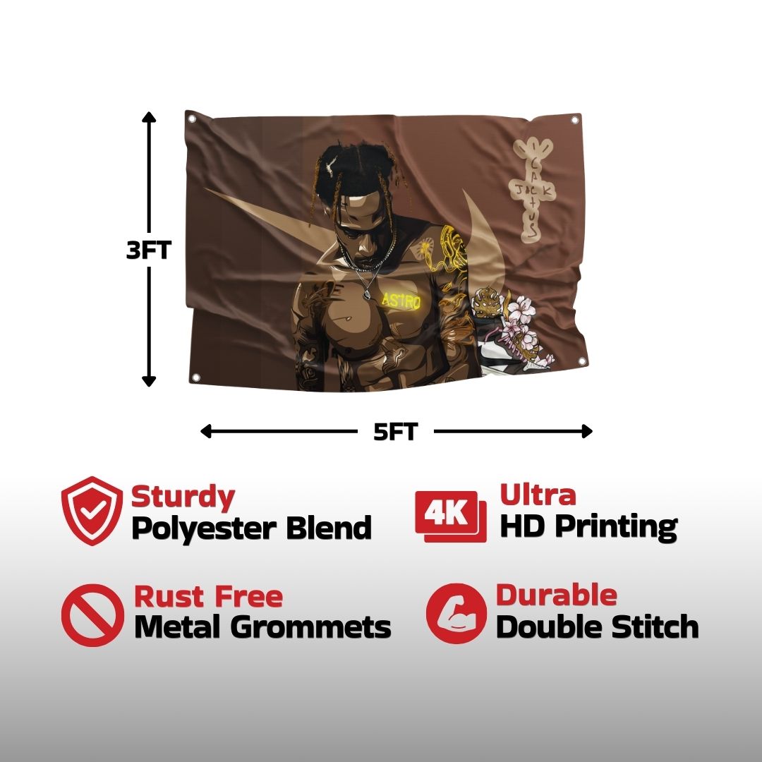Close-up of a durable wall flag with a rapper Travis Scott caricature and 'ASTRO' print detailing.