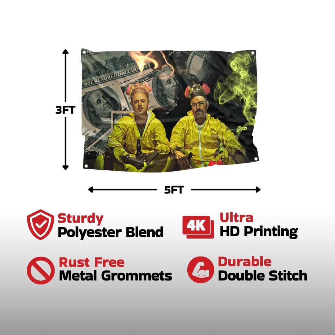 Product description of a television series-themed flag detailing premium materials, ultra HD print quality, and durability