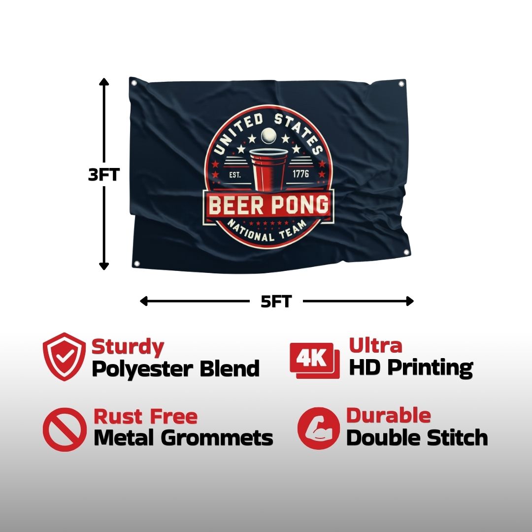 Detailed product infographic for a dark blue Beer Pong flag showcasing features like sturdy polyester blend, 4K ultra HD printing, and rust-free metal grommets