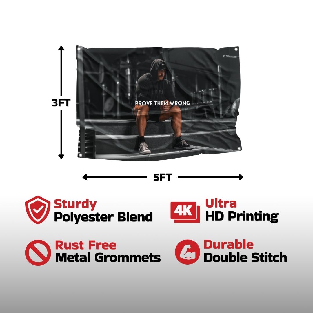 Fitness-themed flag product info highlighting robust materials and sharp imagery, designed to inspire and motivate gym enthusiasts