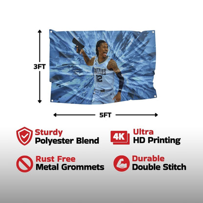 Product information image for a durable sports flag with a basketball player, highlighting features like polyester blend and HD printing
