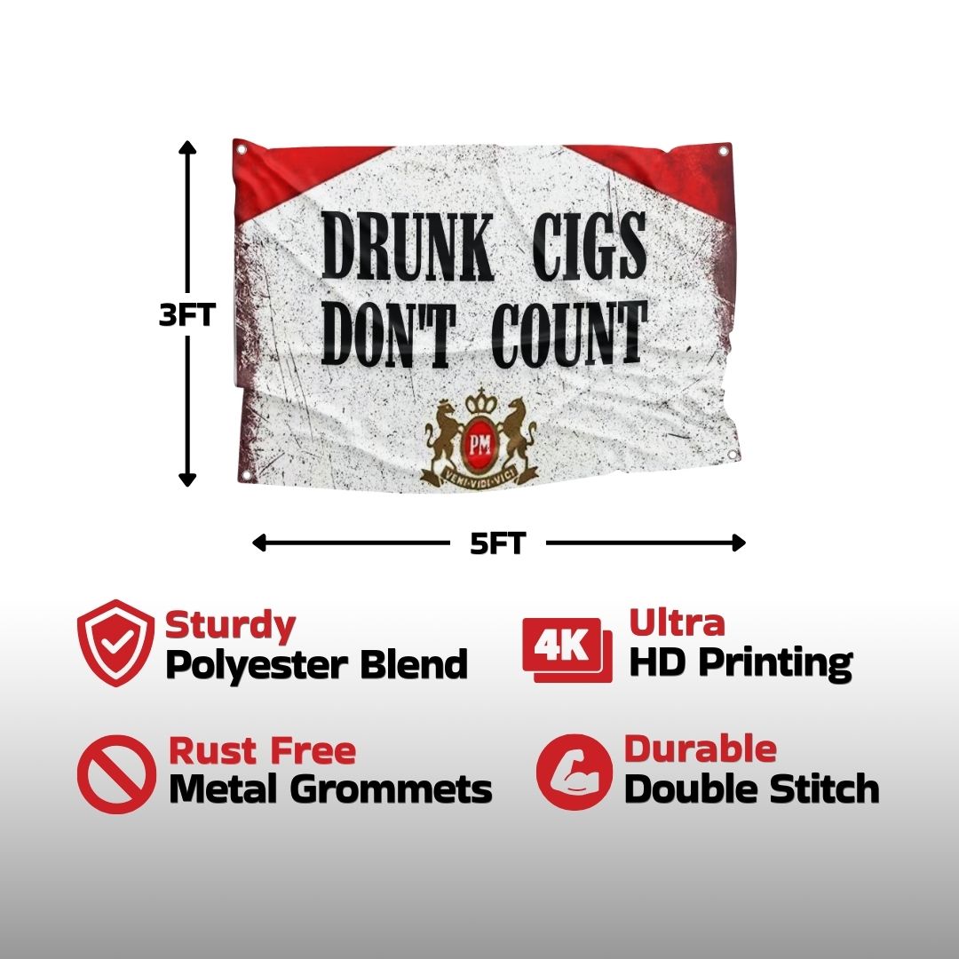 Close-up of a red and white novelty flag with a grungy texture and a humorous statement, highlighting product details like