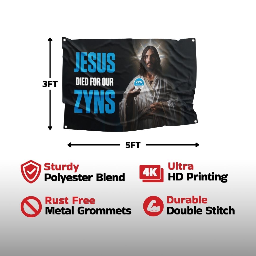 Wall flag featuring a portrayal of Jesus with a nicotine pouch, highlighted features and quality