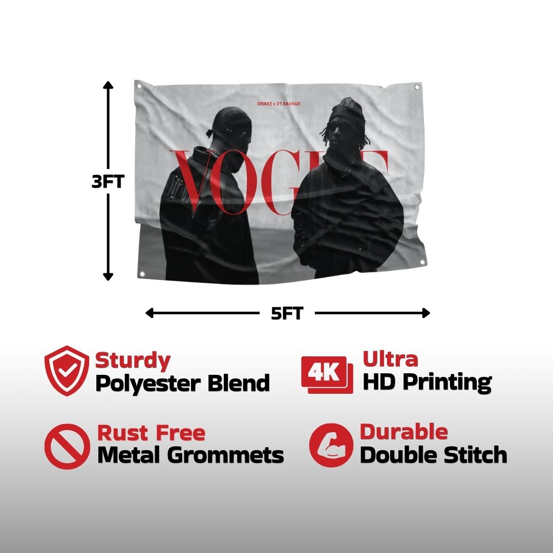 Detail of a flag's material and quality showcasing 4K HD printing of Drake and 21 Savage with rust-free metal grommets and double stitching.