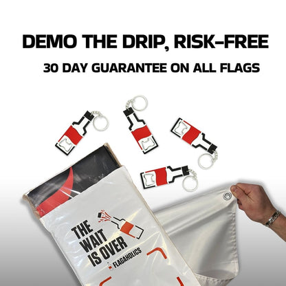 Product image showcasing the 30-day guarantee on a comical Trump and Young Thug mugshot-themed flag, with bonus keychain