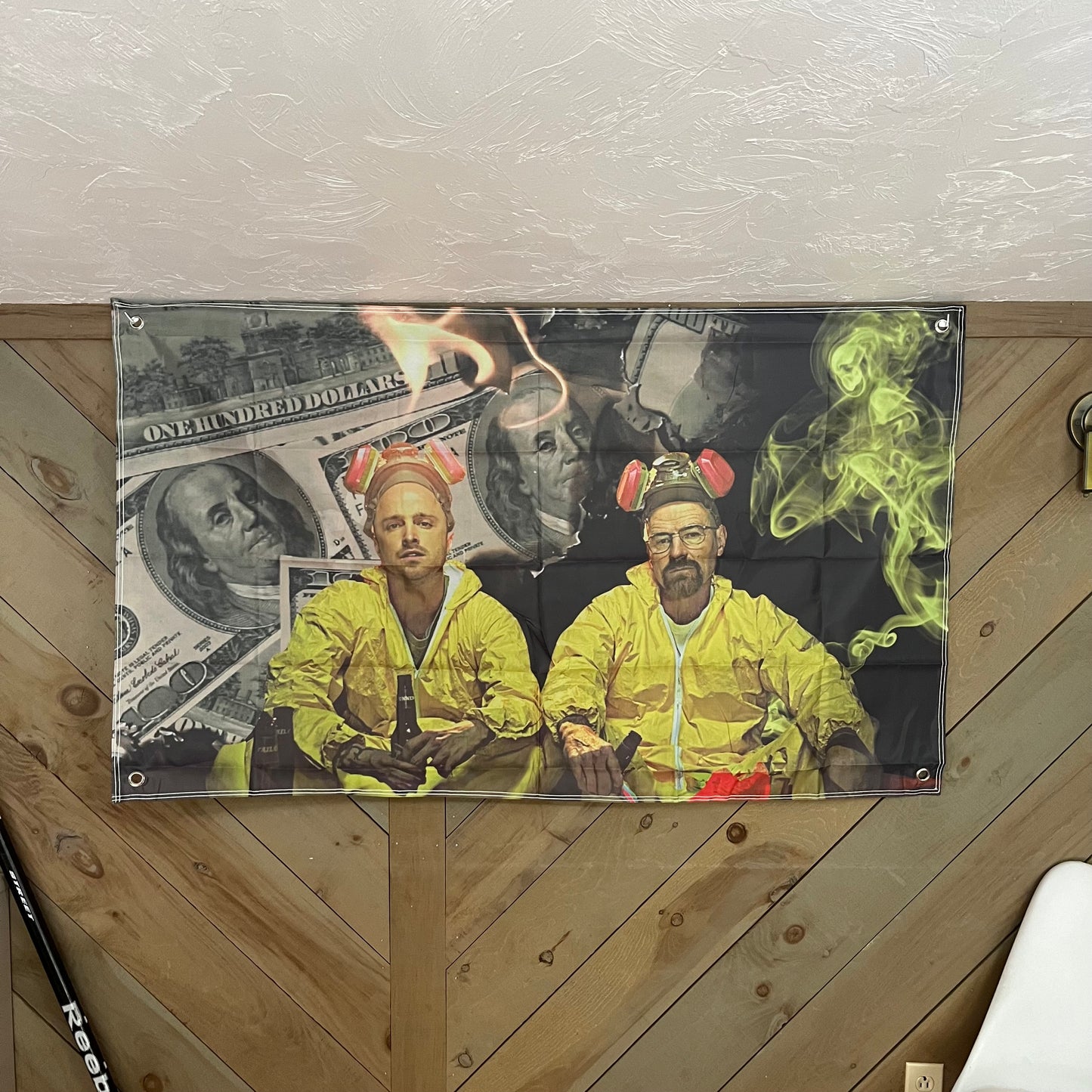 Breaking Bad flag displayed in a stylish room, capturing the intense and iconic imagery of Walter White and Jesse Pinkman, perfect for fans of the series and edgy room decor