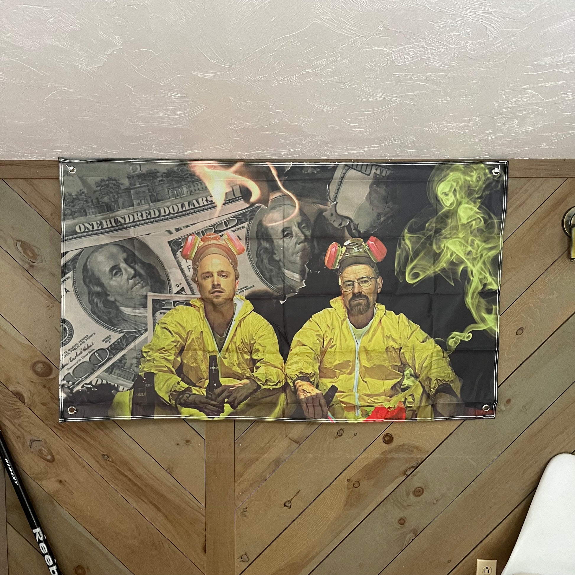 Breaking Bad flag displayed in a stylish room, capturing the intense and iconic imagery of Walter White and Jesse Pinkman, perfect for fans of the series and edgy room decor