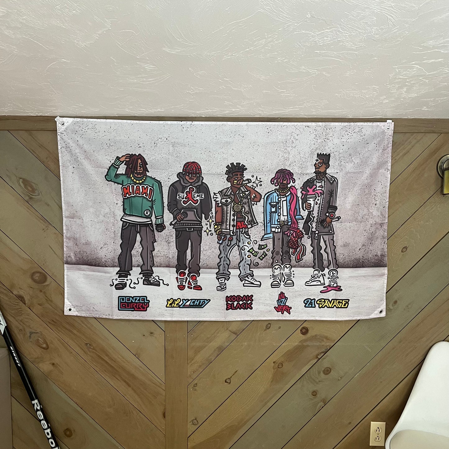 2016 XXL Cypher flag displayed in a stylish room, capturing the essence of hip-hop culture with its vibrant illustrations of popular rappers, perfect for music enthusiasts and trendy decor.