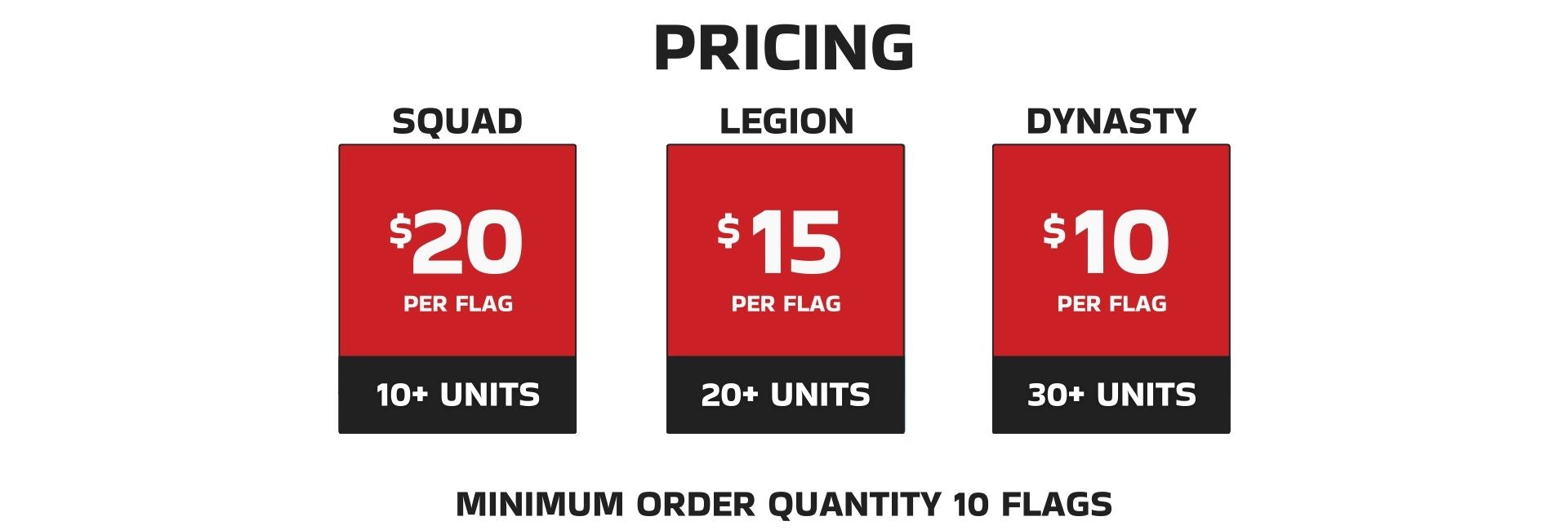 Graphic showing Flagaholics' pricing tiers for bulk orders: 'SQUAD' at $20 per flag for 10+ units, 'LEGION' at $15 per flag for 20+ units, 'DYNASTY' at $10 per flag for 30+ units, with a minimum order quantity of 10 flags