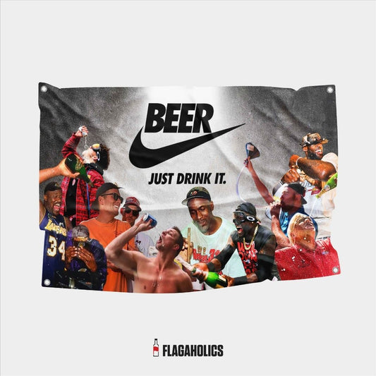 Nike "Just Drink It" flag full of sports legends absolutely hammered. Embrace the fun and turn your room into THE pregame spot.