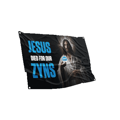 Illustrative flag with religious figure holding a nicotine product stating Jesus died for our ZYNs against a dark backdrop