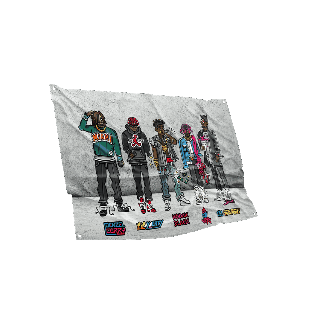 Dynamic music artist flag with illustrations of famous rappers, showcasing vivid colors and durable fabric design
