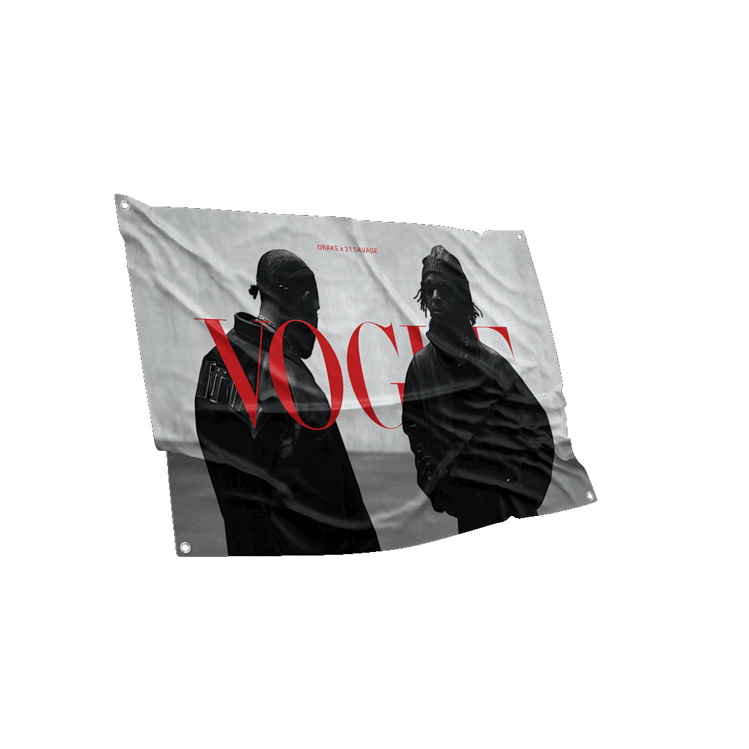 A flag with a grayscale image of two men in dark clothing, the name "VOGUE" in large red letters across the middle, with the text "Drake + 21 Savage" in the upper left corner.